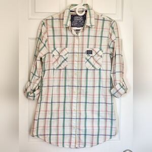 Superdry Ladies White Pastel‎ PlaidLong Sleeve Long Style Button Up Shirt Size L